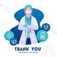 gracias usted para siendo un salvador de la vida texto con dibujos animados médico vistiendo ppe equipo en blanco mers y sars virus antecedentes. vector