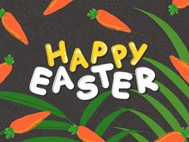 Happy Easter Text with Carrot and Green Grass Decorated on Black Printed Eggs Background. vector