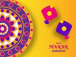 contento makar sankranti celebracion póster diseño con cometas, vistoso mandala modelo o rangoli en amarillo antecedentes. vector