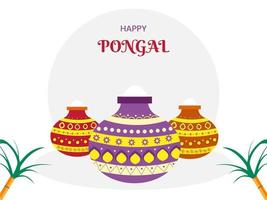 Happy Pongal Celebration Concept With Mud Pots Full Of Grain And Sugarcane On White Background. vector