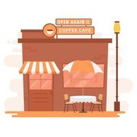 Open Again Coffee Cafe Shop with Exterior Table and Chairs on White Background. vector