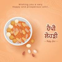 Happy Lohri Wishing Card With Top View Of Various Sweet Bowl On Orange Mandala Pattern Background. vector