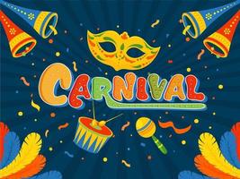 Colorful Carnival Text with Mask, Music Instruments, Feathers and Confetti Decorated on Blue Rays Background. vector