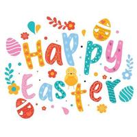 Creative Happy Easter Text with Chick Bird, Printed Eggs and Flowers Decorated on White Background. vector