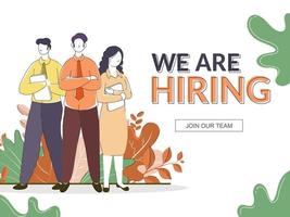 Cartoon Young Men and Woman Standing Together on Nature White Background for We Are Hiring, Join Our Team Concept. vector