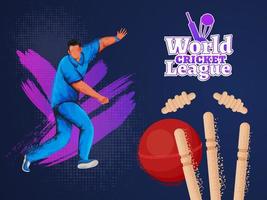 World Cricket League Text in Sticker Style with Noise Effect Player Character, Red Ball, Wickets and Purple Brush Stroke on Blue Halftone Background. vector