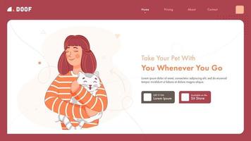 Responsive Landing Page Design with Given Message Take Your Pet With You Whenever You Go and Young Girl holding Cat. vector