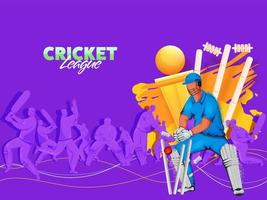 Illustration Of Cricket Players In Action Pose With Wickets And Golden Trophy Cup On Purple Background. vector