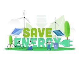 Save Energy Text with Plug, Solar Panel, Windmills, Bicycle, Recycling Bin and Cartoon Men Planting on Nature Background. vector