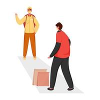 Delivery Boy Keep Distance To Customer Man With Paper Bags On White Background For Contactless Delivery. vector