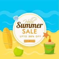 Summer Sale Background with Cocunut, Starfish, and Surfing Baord on Sea View Background. vector