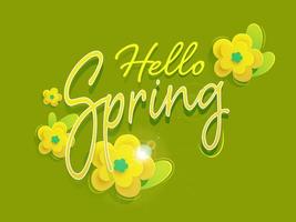 Hola primavera caligrafía con amarillo papel flores y hojas en aceituna verde antecedentes. vector