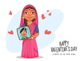 indio mujer demostración su marido foto marco con rojo corazones en el ocasión de contento San Valentín día, amor es en el aire concepto. vector