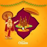 ilustración de Rey Mahabali con trikkakara appan ídolo y Adoración plato en rosado y naranja antecedentes para contento onam celebracion. vector