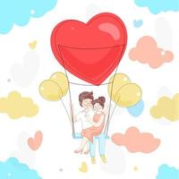 linda romántico Pareja personaje sentado en corazón columpio con globos y nubes en blanco antecedentes. vector