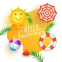 Hola verano fuente con dibujos animados sol, parte superior ver paraguas, 3d playa pelota, nadando anillo, sandía rebanada y tropical hojas en resumen antecedentes. vector