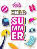 Colorful Sticker Style Hello Summer Text with Traveling and Beach Elements Decorated on White Rays Background. vector