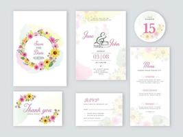 Boda invitación con Pareja anillos, salvar el fecha, menú detalles, mesa número, gracias usted y rsvp tarjeta decorado con floral. vector