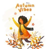 Cheerful Cute Girl in Jumping Pose and Abstract Leaves on White Background for It's A Autumn Vibes. vector