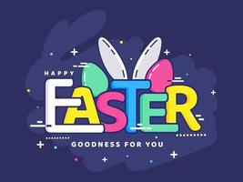 Colorful Easter Text with Eggs and Bunny Ear on Blue Background. vector