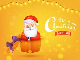 Merry Christmas Celebration Concept with Cute Santa Claus Inside a Gift Box and Illuminated Lighting Garland on Yellow Bokeh Background. vector