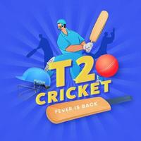 T20 Cricket Fever Is Back Text with Batsman Character in Playing Pose on Blue Rays Background. vector