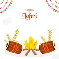 Happy Lohri Celebration Poster Design With Bonfire, Wheat Ears And Dhol Illustration On White Background. vector