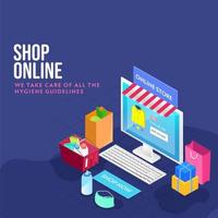 3D Illustration of Online Store App in Desktop with Keyboard, Basket Full of Products, Carry Bag, Medical Mask, Sanitizer Bottle and Gift Boxes on Blue Background. vector