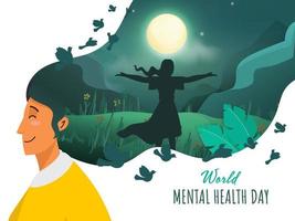 Young woman feel the air with open arms on nature view in night time for World Mental Health Day. vector