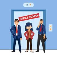 Office Reopen Text Sticker on Blue Elevator with Cheerful Employees Character. vector