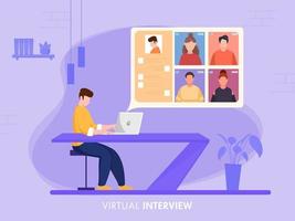 empresario entrevistando virtual un trabajo candidato desde ordenador portátil a escritorio en púrpura antecedentes para mantener social distancia. vector