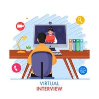 Back View Of Businessman Having Video Calling From Woman In Computer For Virtual Interview Concept. vector