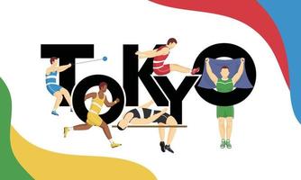 Tokyo Text with Faceless Sportsmen in Different Style on Abstract Background. vector