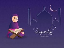 línea Arte mezquita con creciente Luna y musulmán niña leyendo Corán en Ramadán orar a hogar concepto. vector