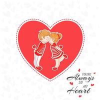 Sticker Style Kids Couple Kissing in Heart Shape with Love Quotes You're Always In My Heart on White Background. vector