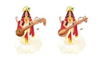 Two Images Of Goddess Saraswati Character On Lotus Flower With Swan Bird. vector