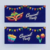 carnaval fiesta encabezamiento o bandera diseño con mascarilla, tambor, maracas instrumento y verderón bandera decorado en azul rayos antecedentes. vector