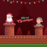 Illustration Of Santa Claus With Cartoon Elf In Chimney And Xmas Trees For Merry Christmas Celebration. vector