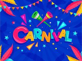 Colorful Carnival Text with Party Horn, Star, Geometric Element and Feather Decorated on Blue Rays Background. vector