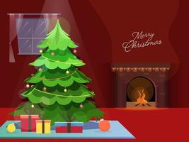 Decorative Xmas Tree With Gift Boxes And Fire Place On Red Background For Merry Christmas Celebration. vector