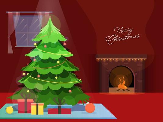 Decorative Xmas Tree With Gift Boxes And Fire Place On Red Background For Merry Christmas Celebration.