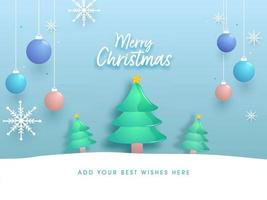 alegre Navidad fuente con lustroso Navidad árboles, colgando adornos, copos de nieve decorado en azul y blanco antecedentes. vector