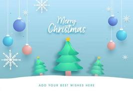 Merry Christmas Font With Glossy Xmas Trees, Hanging Baubles, Snowflakes Decorated On Blue And White Background. vector