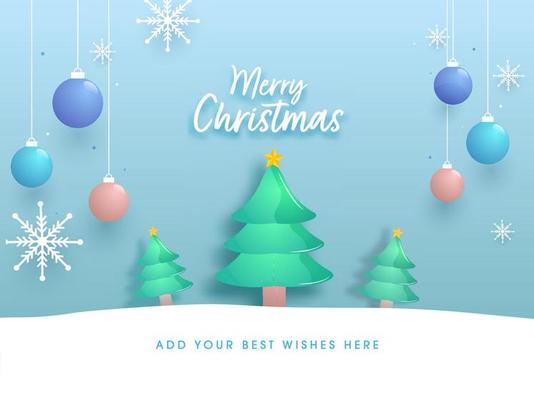 Merry Christmas Font With Glossy Xmas Trees, Hanging Baubles, Snowflakes Decorated On Blue And White Background.