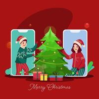 alegre niños hablando a cada otro en vídeo llamada con decorativo Navidad árbol y regalo cajas para alegre Navidad celebracion. vector