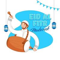 Eid Al Fitr Mubarak Font with Happiness Muslim Man Beating Drum and Hanging Arabic Lanterns on Abstract Background. vector