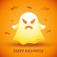 Happy Halloween Poster Design with Glossy Cartoon Ghost and Flying Bats on Orange Bakground. vector