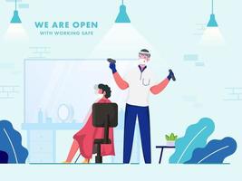 We Are Open Barbershop With Working Safe To Prevent From Coronavirus Pandemic. vector