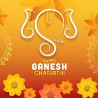 Happy Ganesh Chaturthi Text With Line Art Ganpati Face And Flowers Decorated Orange Background. vector