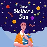 Smiley Mother Cuddling a Her Baby with Flowers and Leaves Decorated on Purple and Blue Background. vector